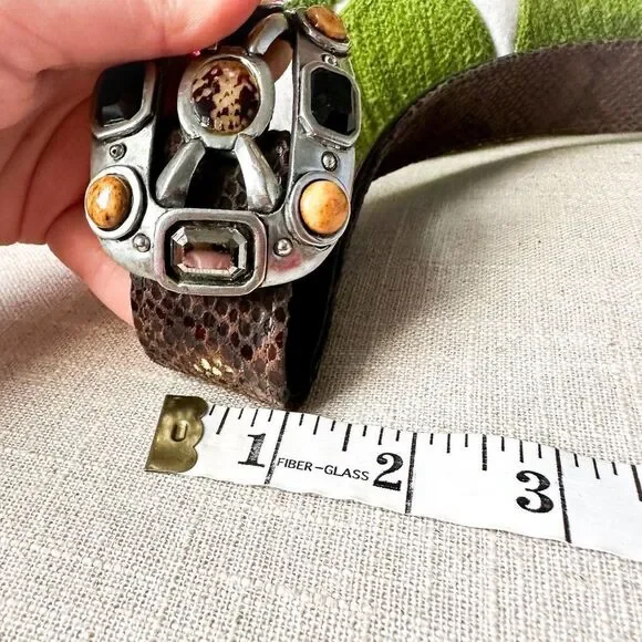 Vintage Fahrenheit Brown Black Leather Belt Large Jewel Buckle Rich Auntie M - Picture 4 of 11